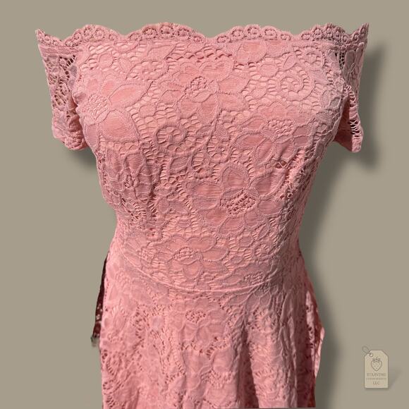 Dressystar Blush Pink Lace Hi-Lo Dress XS Off Shoulder Cocktail Wedding Guest - Picture 2 of 6